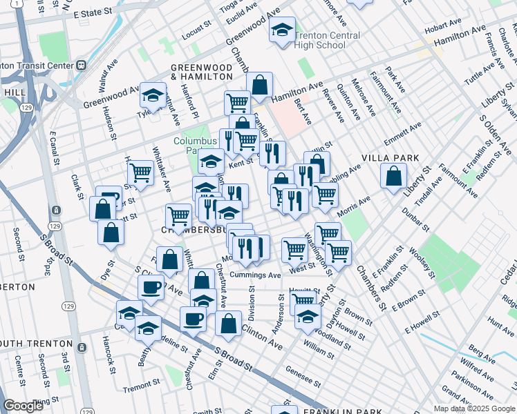 map of restaurants, bars, coffee shops, grocery stores, and more near 183 Anderson Street in Trenton