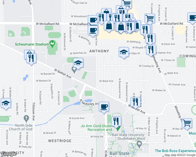 map of restaurants, bars, coffee shops, grocery stores, and more near 2100 North Oakwood Avenue in Muncie