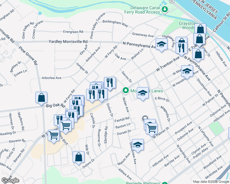 map of restaurants, bars, coffee shops, grocery stores, and more near 300 West Trenton Avenue in Morrisville