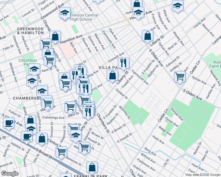 map of restaurants, bars, coffee shops, grocery stores, and more near 1501 Liberty Street in Trenton