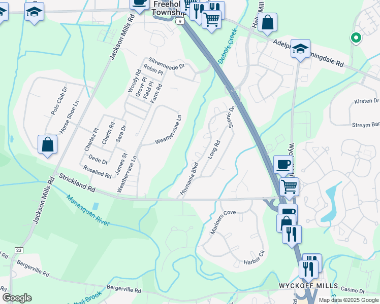 map of restaurants, bars, coffee shops, grocery stores, and more near 9-2 Seattle Court in Freehold