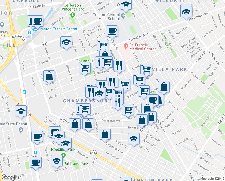 map of restaurants, bars, coffee shops, grocery stores, and more near 183 Anderson Street in Trenton