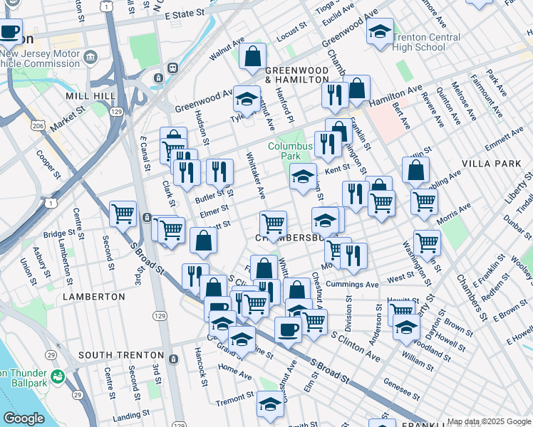 map of restaurants, bars, coffee shops, grocery stores, and more near 412 Whittaker Avenue in Trenton