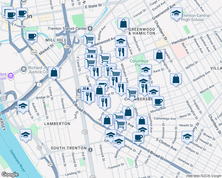 map of restaurants, bars, coffee shops, grocery stores, and more near 60 Mott Street in Trenton
