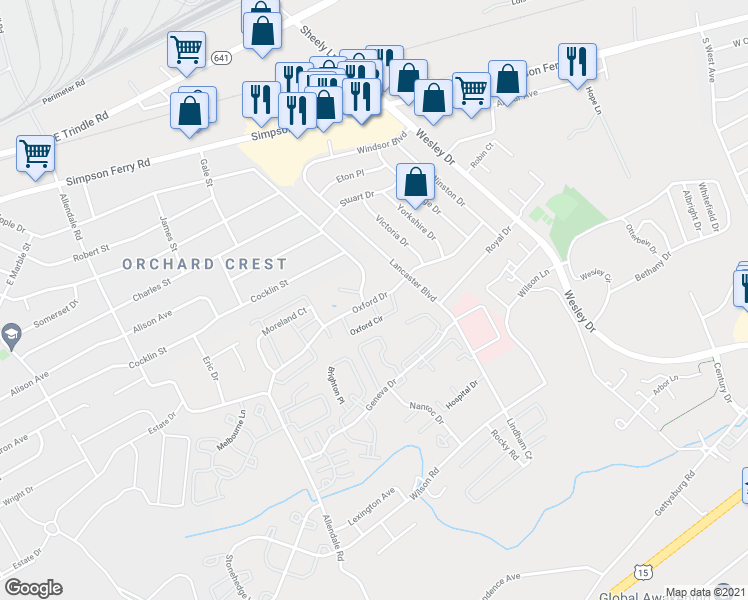 map of restaurants, bars, coffee shops, grocery stores, and more near 5342 Oxford Drive in Mechanicsburg