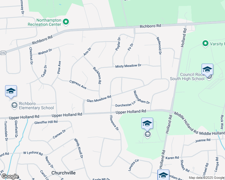 map of restaurants, bars, coffee shops, grocery stores, and more near 17 Providence Drive in Richboro