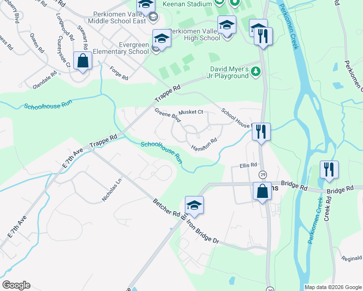 map of restaurants, bars, coffee shops, grocery stores, and more near 832 Red Coat Road in Collegeville