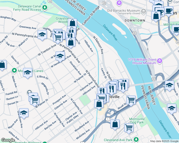 map of restaurants, bars, coffee shops, grocery stores, and more near 280 North Pennsylvania Avenue in Morrisville