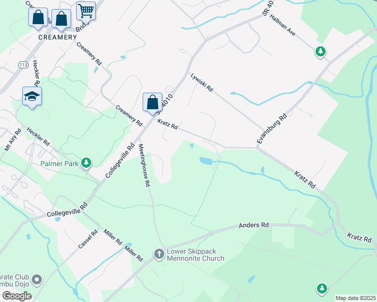map of restaurants, bars, coffee shops, grocery stores, and more near 3846 Kratz Rd in Collegeville