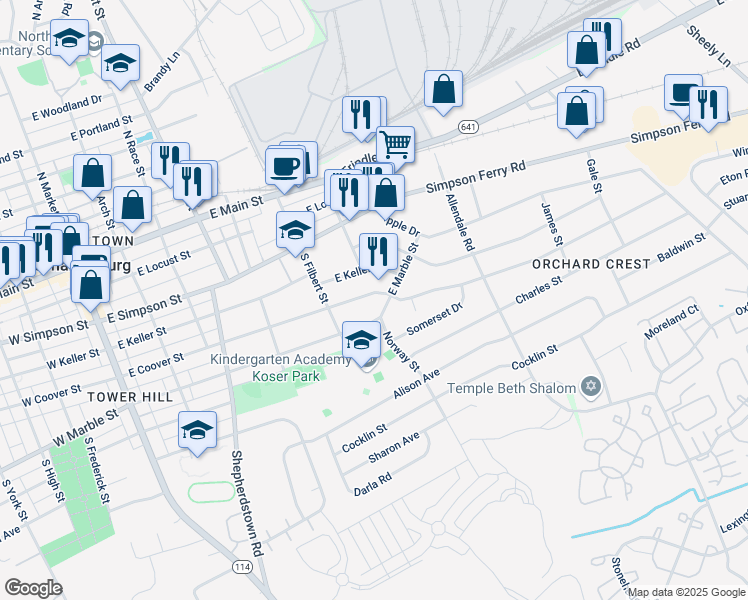 map of restaurants, bars, coffee shops, grocery stores, and more near 516 East Coover Street in Mechanicsburg