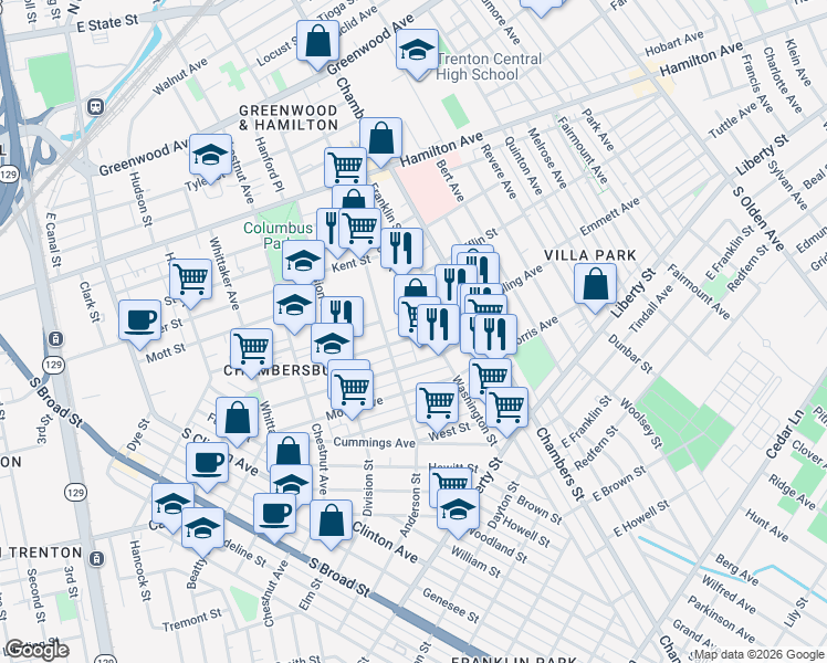map of restaurants, bars, coffee shops, grocery stores, and more near 844 Roebling Avenue in Trenton