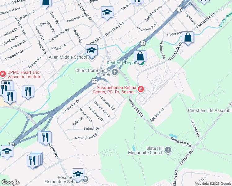 map of restaurants, bars, coffee shops, grocery stores, and more near 14 Slate Hill Rd in Camp Hill