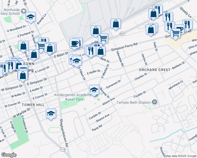 map of restaurants, bars, coffee shops, grocery stores, and more near 516 E Coover St in Mechanicsburg