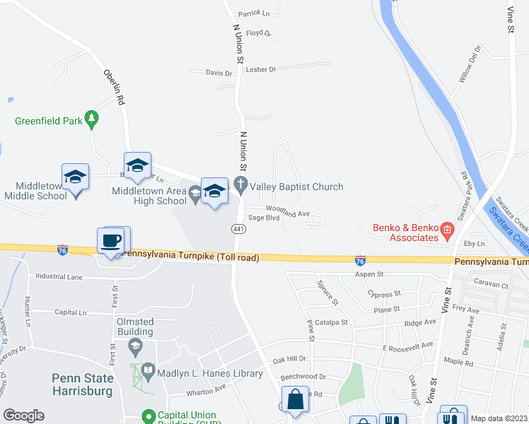 map of restaurants, bars, coffee shops, grocery stores, and more near 40 Woodland Avenue in Middletown
