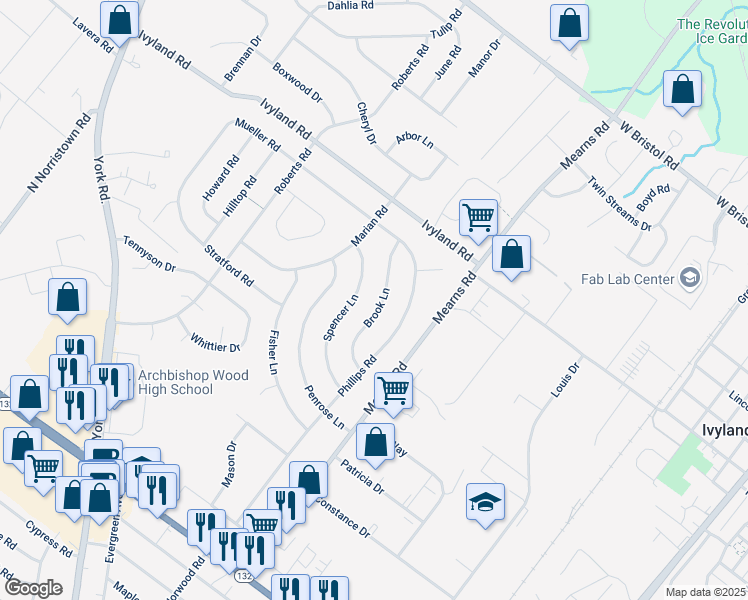map of restaurants, bars, coffee shops, grocery stores, and more near 531 Spencer Lane in Warminster