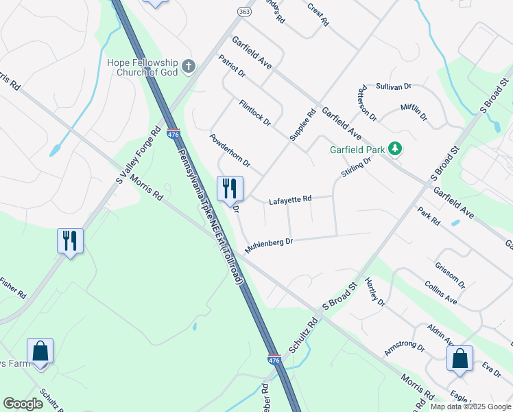 map of restaurants, bars, coffee shops, grocery stores, and more near 824 Scott Way in Lansdale