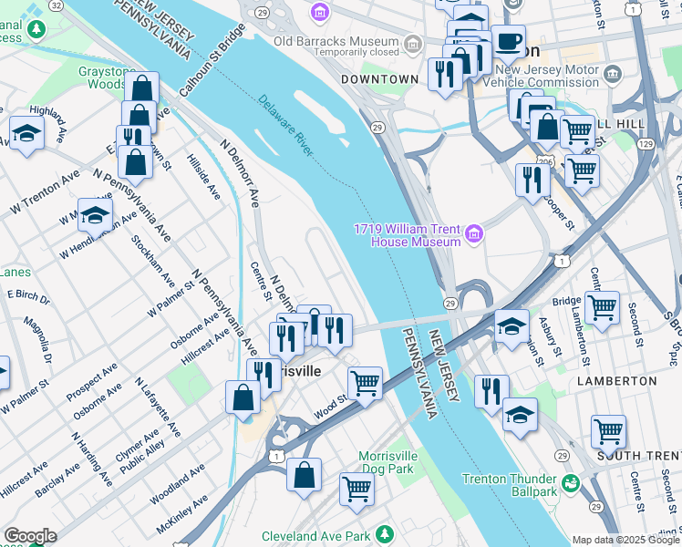 map of restaurants, bars, coffee shops, grocery stores, and more near 79 Park Avenue in Morrisville
