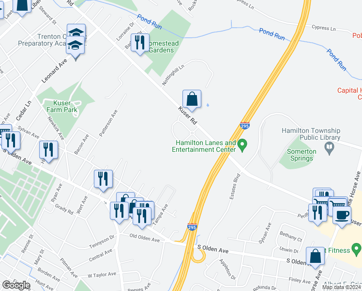 map of restaurants, bars, coffee shops, grocery stores, and more near 120 Sundance Drive in Trenton