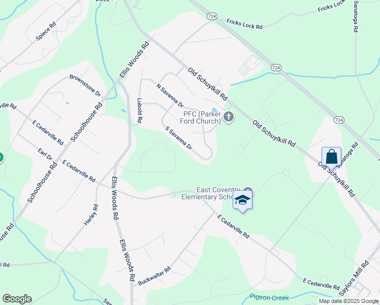 map of restaurants, bars, coffee shops, grocery stores, and more near 180 South Savanna Drive in Pottstown