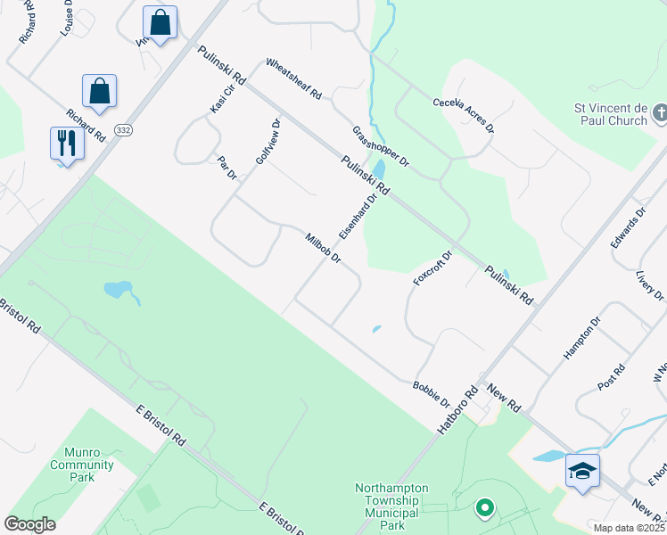map of restaurants, bars, coffee shops, grocery stores, and more near 65 Eisenhard Drive in Ivyland