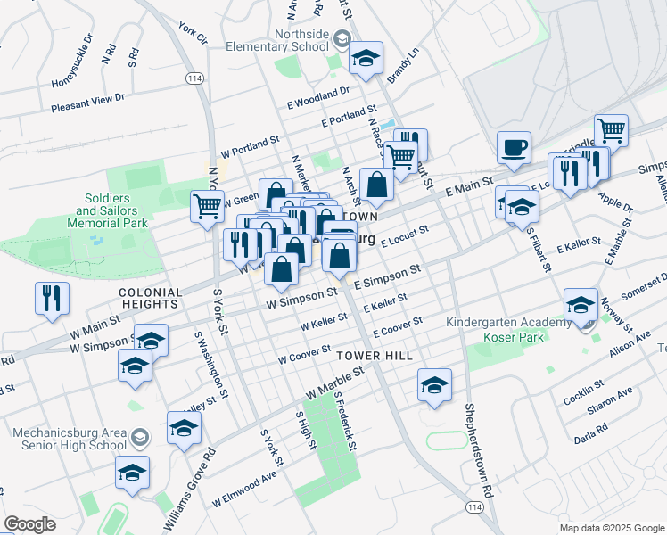 map of restaurants, bars, coffee shops, grocery stores, and more near in New Cumberland