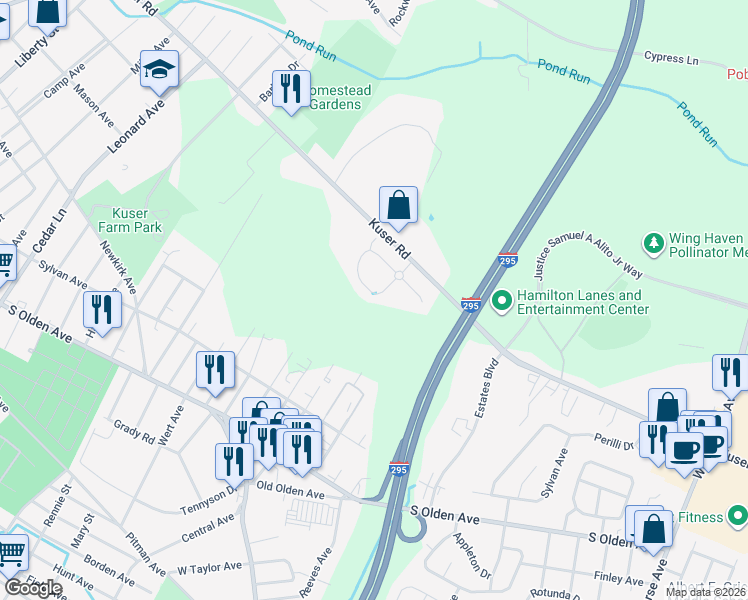map of restaurants, bars, coffee shops, grocery stores, and more near 118 Sundance Drive in Trenton