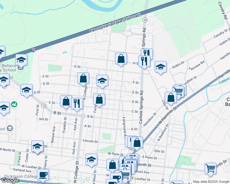 map of restaurants, bars, coffee shops, grocery stores, and more near 110 E Street in Carlisle