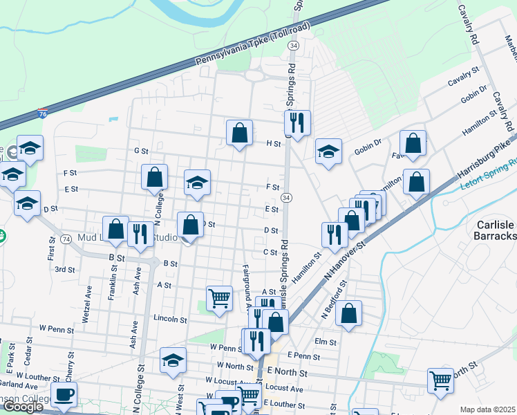 map of restaurants, bars, coffee shops, grocery stores, and more near 57 E Street in Carlisle
