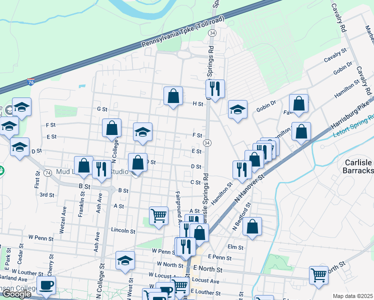 map of restaurants, bars, coffee shops, grocery stores, and more near 59 E Street in Carlisle