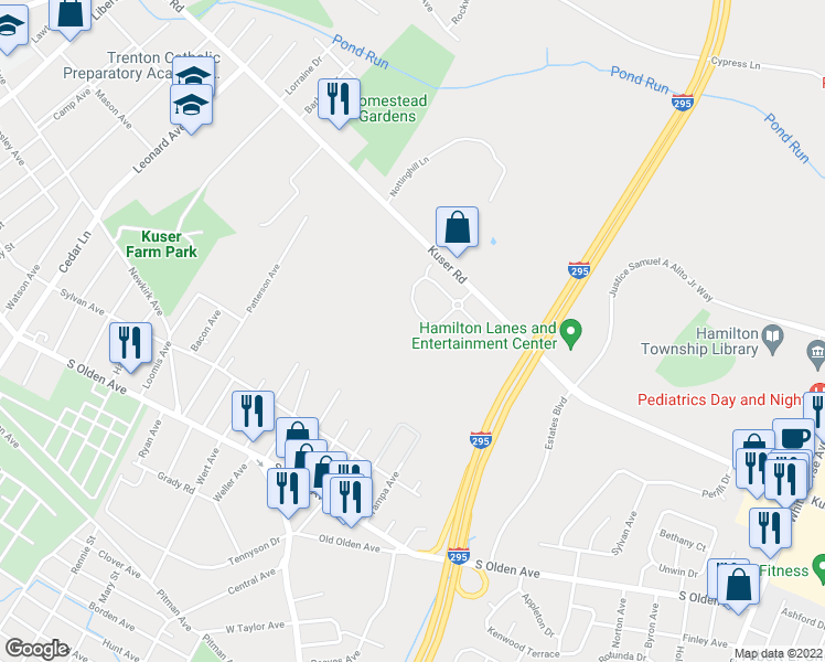map of restaurants, bars, coffee shops, grocery stores, and more near 120 Sundance Drive in Trenton