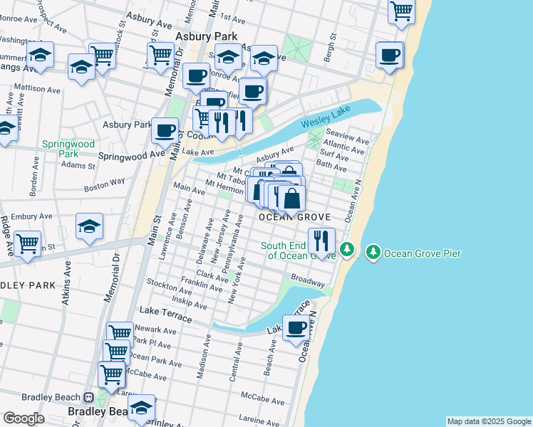 map of restaurants, bars, coffee shops, grocery stores, and more near 73 Heck Avenue in Neptune Township