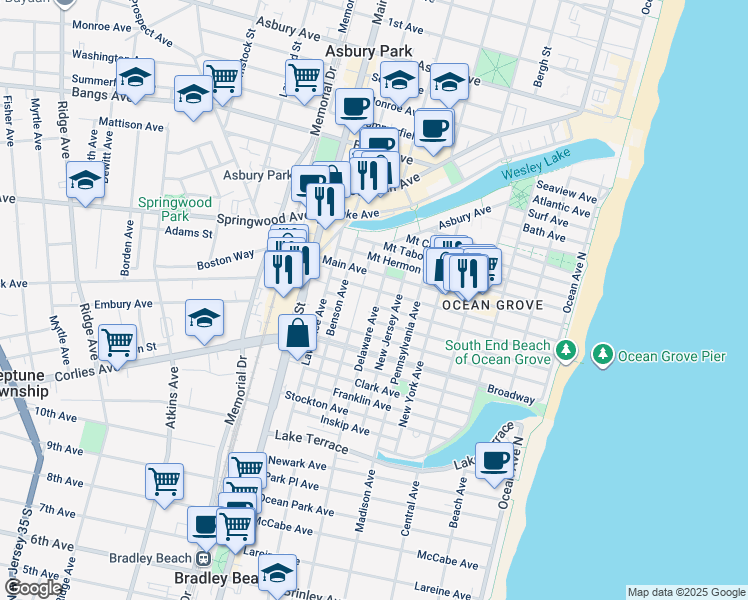 map of restaurants, bars, coffee shops, grocery stores, and more near 67 Delaware Avenue in Neptune Township