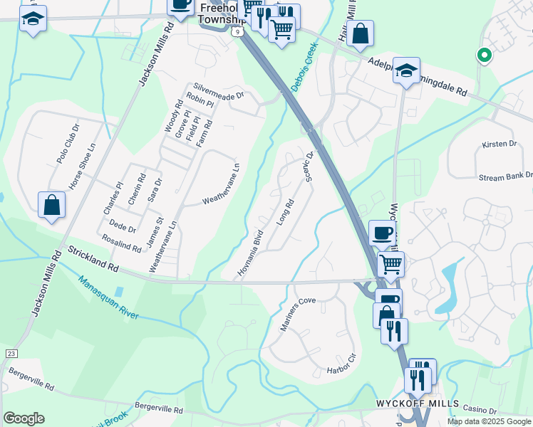 map of restaurants, bars, coffee shops, grocery stores, and more near 9-2 Seattle Court in Freehold