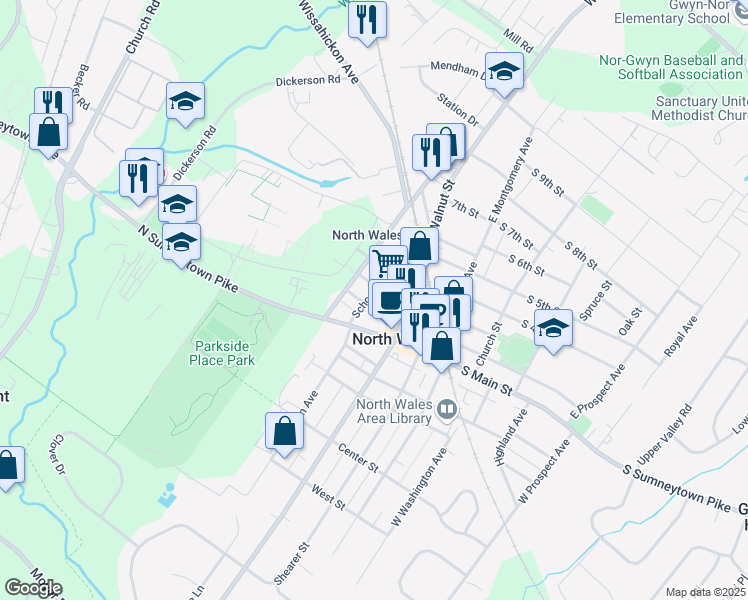 map of restaurants, bars, coffee shops, grocery stores, and more near 127 North 2nd Street in North Wales