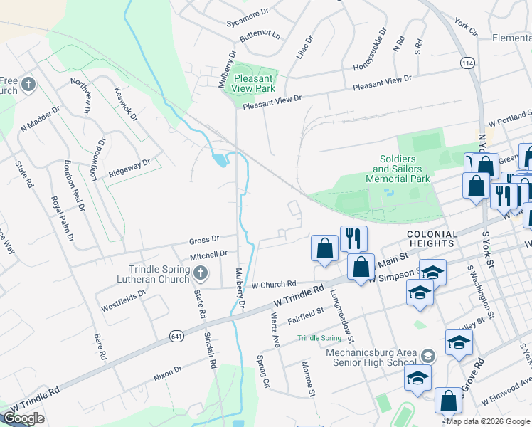 map of restaurants, bars, coffee shops, grocery stores, and more near 114 North Market Street in Mechanicsburg