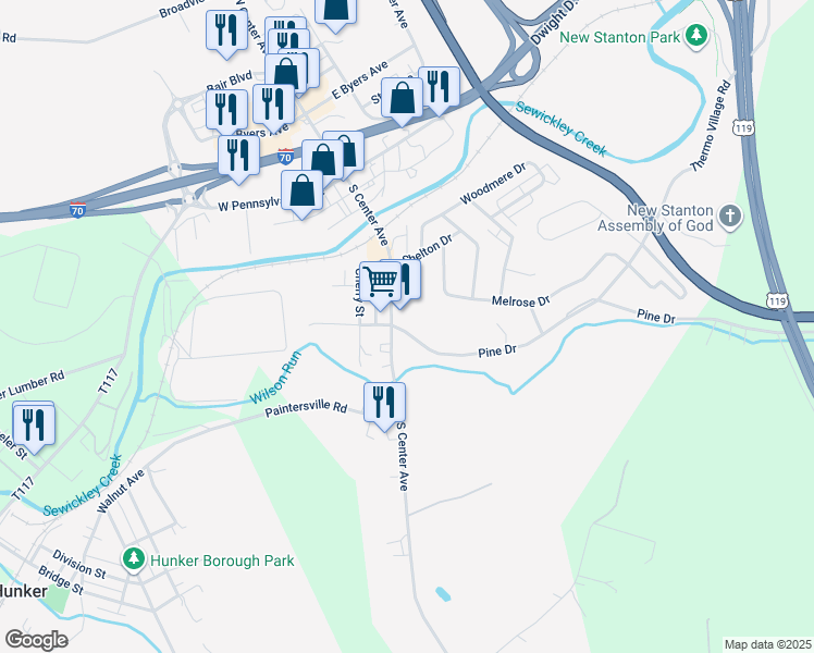 map of restaurants, bars, coffee shops, grocery stores, and more near 111 Pine Drive in New Stanton