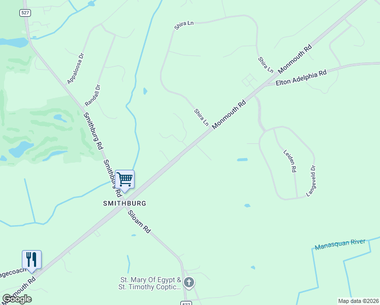 map of restaurants, bars, coffee shops, grocery stores, and more near 247 Monmouth Road in Freehold