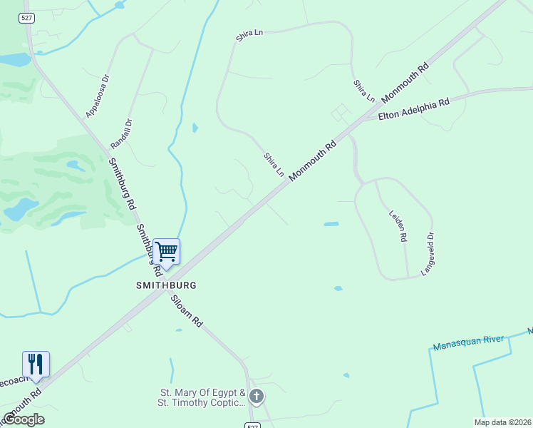 map of restaurants, bars, coffee shops, grocery stores, and more near 247 Monmouth Road in Freehold