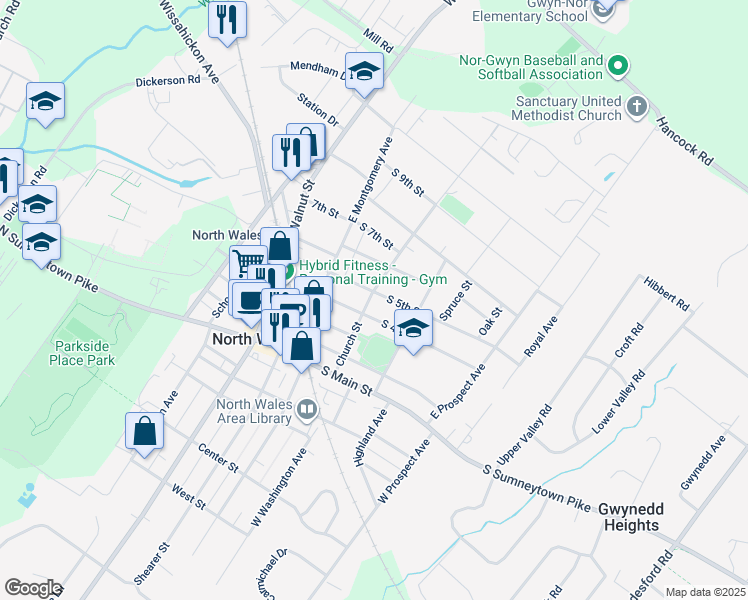 map of restaurants, bars, coffee shops, grocery stores, and more near 306 South 5th Street in North Wales