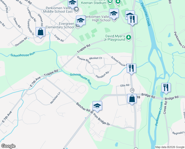 map of restaurants, bars, coffee shops, grocery stores, and more near 832 Red Coat Road in Collegeville