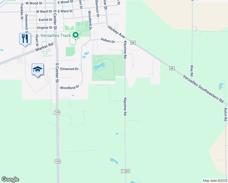 map of restaurants, bars, coffee shops, grocery stores, and more near 10022 Klipstine Road in Versailles