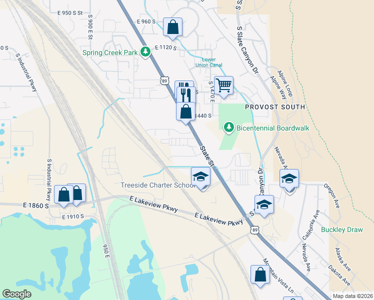 map of restaurants, bars, coffee shops, grocery stores, and more near 1225 East 1600 South Street in Provo