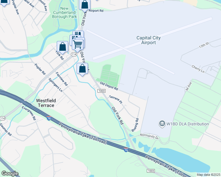 map of restaurants, bars, coffee shops, grocery stores, and more near 7 Old Depot Road in New Cumberland