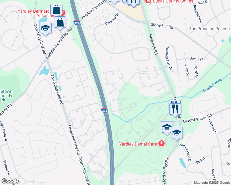 map of restaurants, bars, coffee shops, grocery stores, and more near 608 Cedar Hollow Drive in Yardley