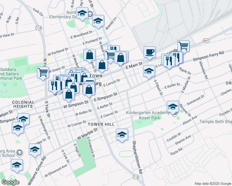 map of restaurants, bars, coffee shops, grocery stores, and more near 114 East Simpson Street in Mechanicsburg