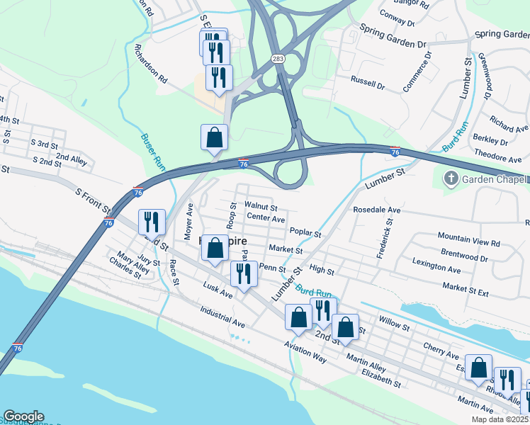 map of restaurants, bars, coffee shops, grocery stores, and more near 253 Walnut Street in Highspire