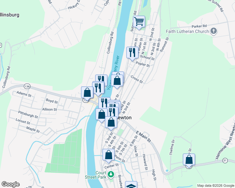 map of restaurants, bars, coffee shops, grocery stores, and more near 119 North Water Street in West Newton