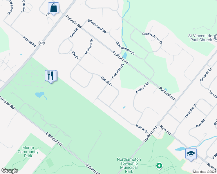 map of restaurants, bars, coffee shops, grocery stores, and more near 65 Eisenhard Drive in Ivyland