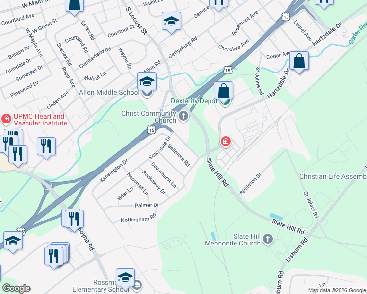map of restaurants, bars, coffee shops, grocery stores, and more near 14 Slate Hill Road in Camp Hill