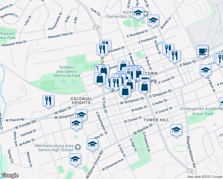 map of restaurants, bars, coffee shops, grocery stores, and more near 202 West Main Street in Mechanicsburg
